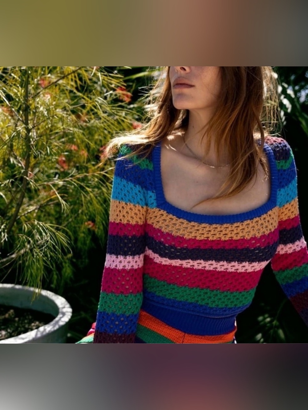 ZARA Rainbow Color Crochet knit Striped Long Sleeve Top Size Medium 100% Cotton